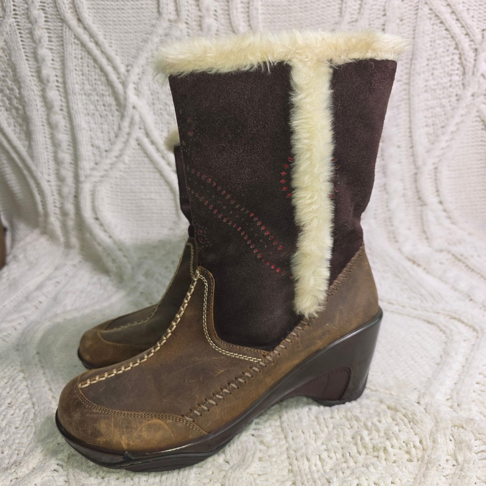 J-41‎ Naples Mid Calf Boots Winter Brown Suede Leather Faux Fur Lining Women 8M